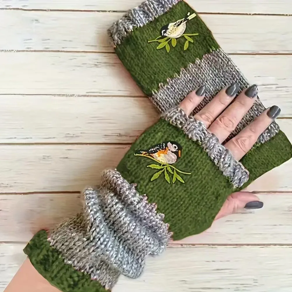 Portable Embroidered Bird Knit Mittens Warm Soft Half Finger Gloves Fingerless Gloves Autumn Winter