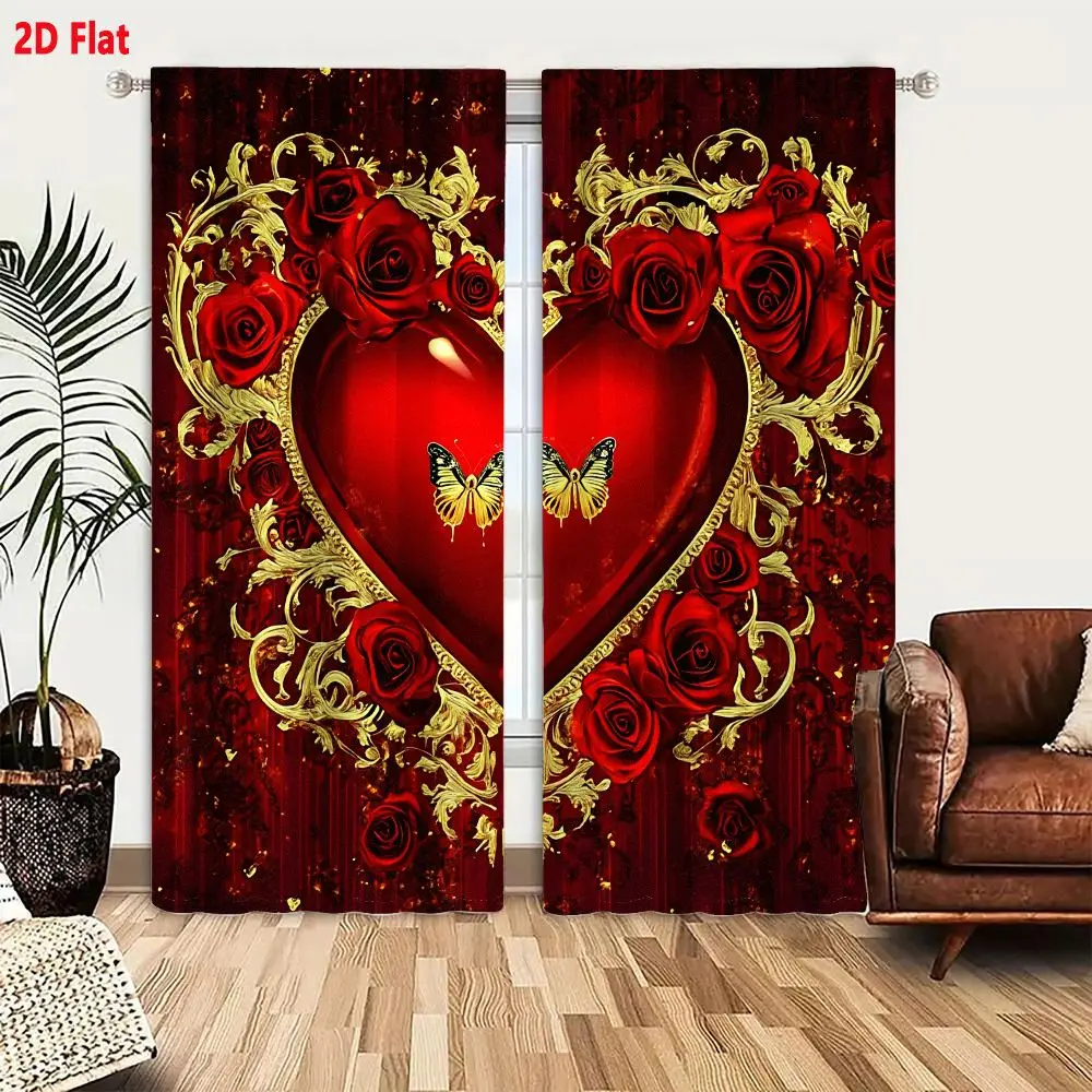 2Pcs Curtains Add 2D Flat Romantic Red Heart With Roses And Butterflies In Ornate Gold Baroque Frame Window Drapes for Bedroom R