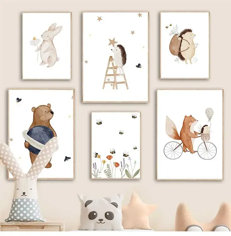 Boho-Cartoon-Leinwandgemälde, Fuchs, Kaninchen, Biene, Bär, Igel, Blumenposter, Kunstdrucke, Wandfotos, Baby, Kinderzimmer