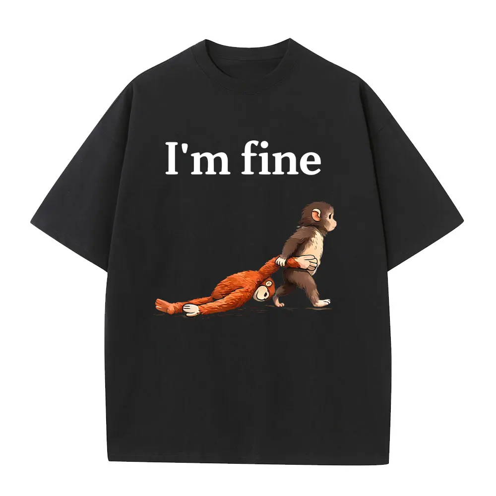 

Sad Monkey Punch with An Orange Toy I'm Fine Funny Meme Graphic T-shirt Men Women Casual Cotton T Shirts Oversized Short Sleeve
