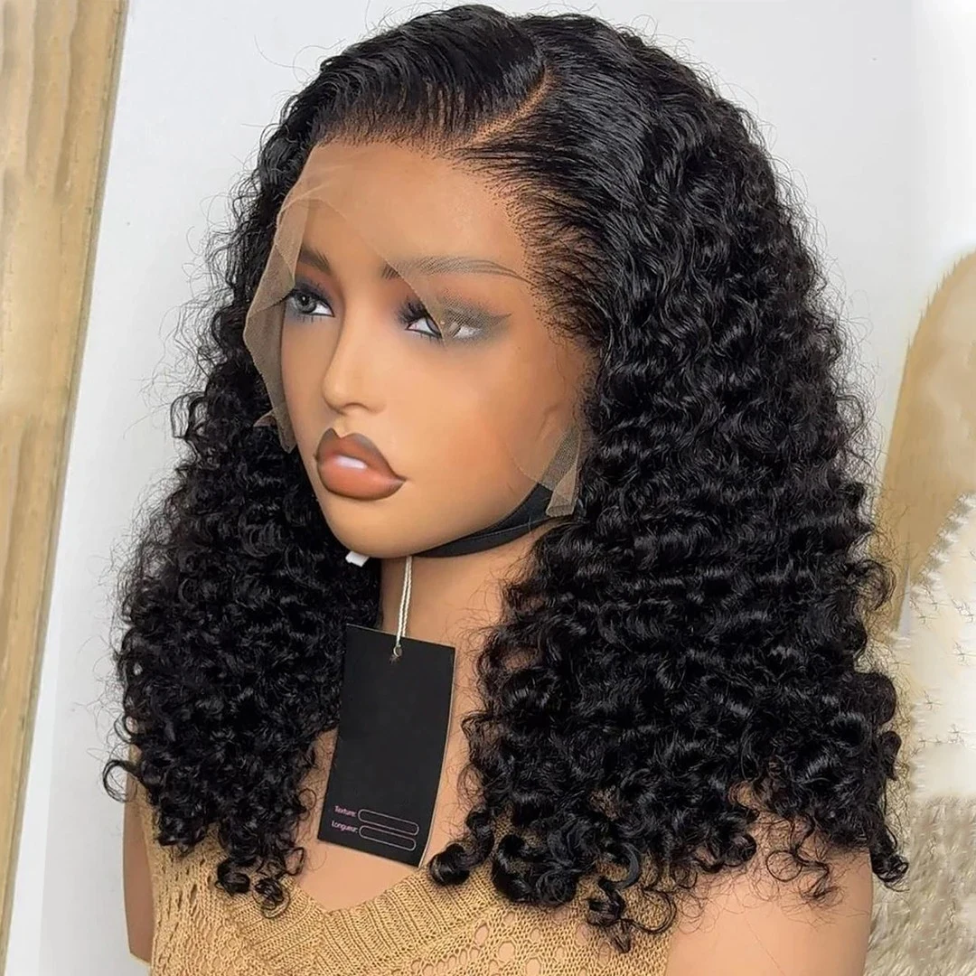 

HD Curly Deep Wave Short Bob Wig 100% Human Hair Transparent 13x4 Lace Front Wigs Natural Black Water Wave Short Human Hair Wigs Pre Plucked Virgin Hair #1B