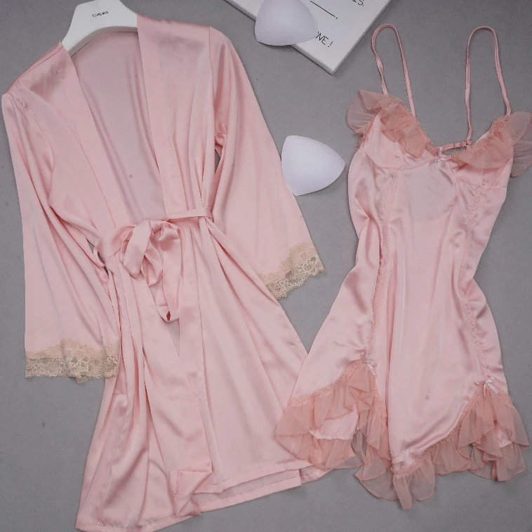 Sexy Lace Trim 2PCS Robe Set Nightgown Intimate Lingerie Spring Summer Women Sleepwear Loungewear Pink Satin Home Dress Bathrobe