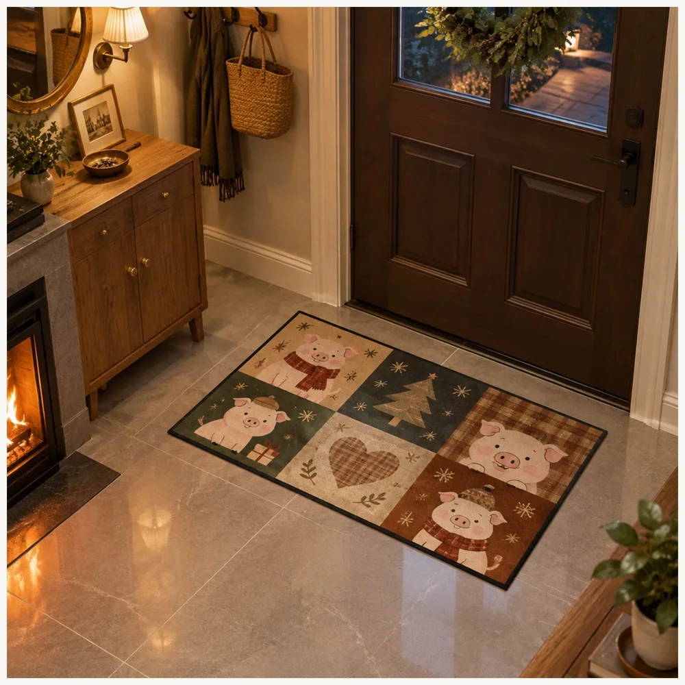 VIKAMA Cute Animal Cream Brown Piglet Flannel Door Mat, Soft Washable Hallway Mat, Home Decor for Pantry, Cloakroom, Hallway