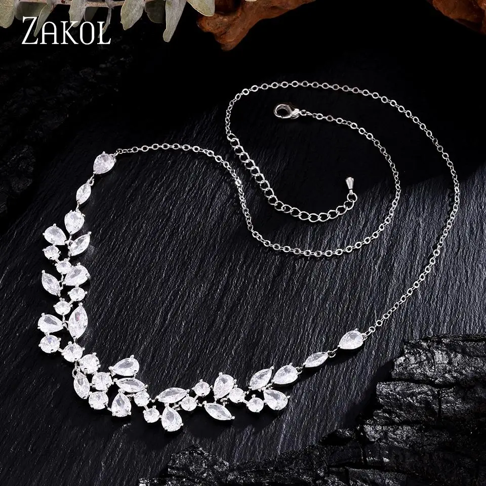 ZAKOL Exquisite Fashion Leaf Shape Micro-set Zircon Pendant Necklace For Women Simple Temperament Bridal Wedding Party Jewelry