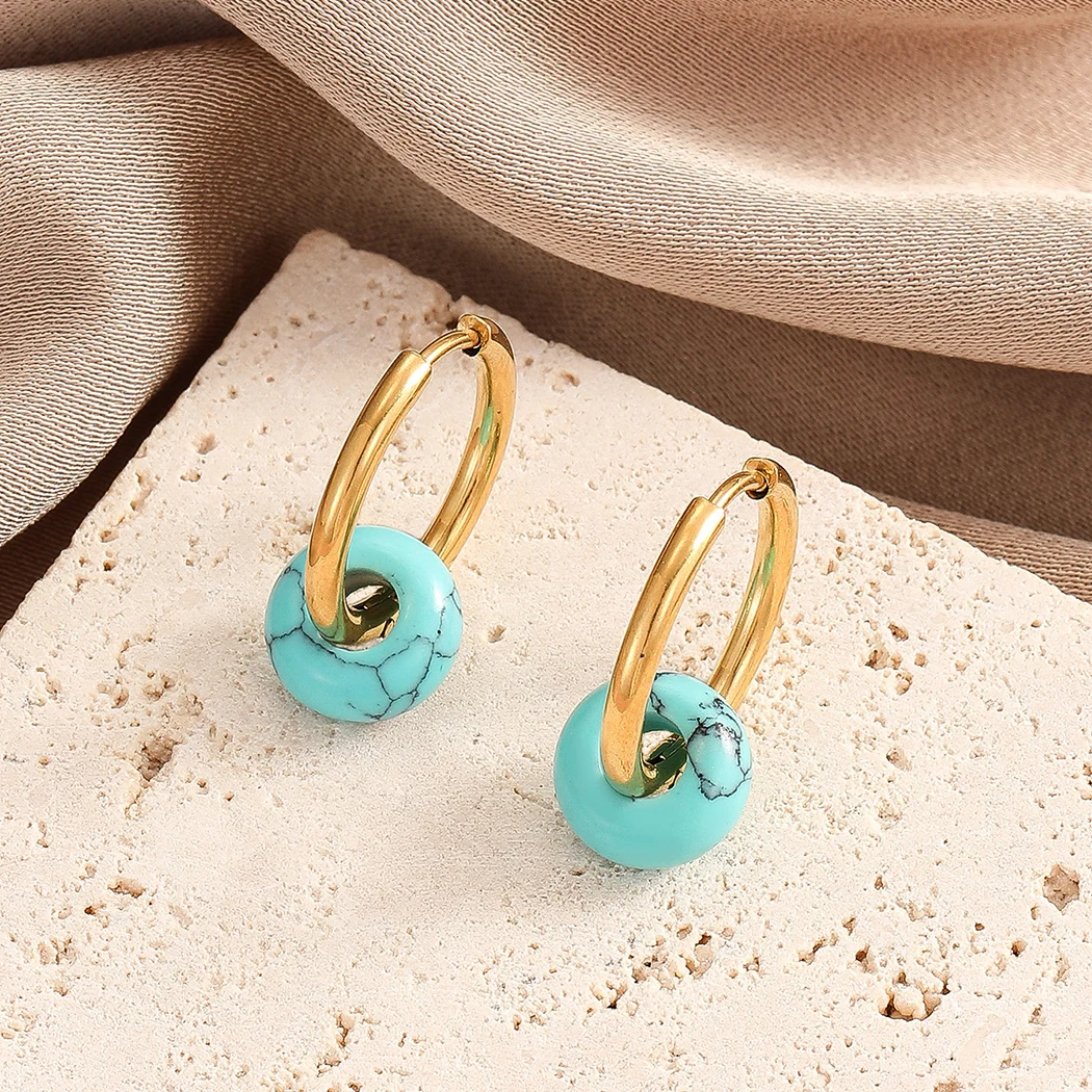 Cxwind Simple Laser Engraving Fashion Stainless Steel Donut Huggie Hoop Stone Earrings Light Blue Natural Stone Earring Gifts