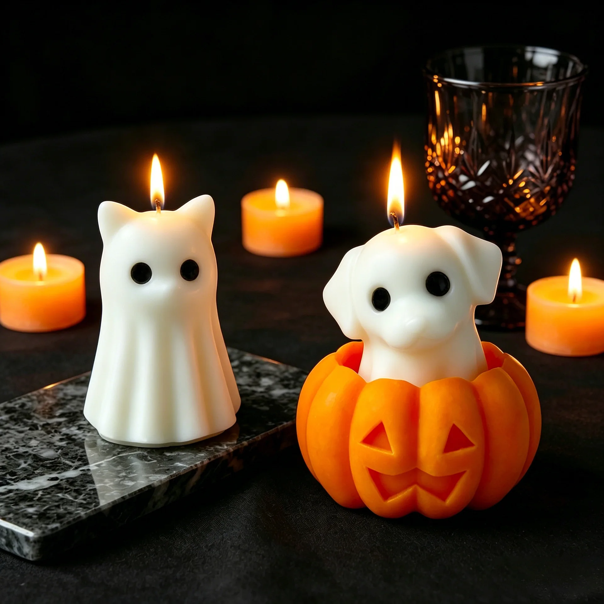 Halloween Animal Spook Aroma Candle Silicone Mold DIY Pumpkin Ghost Candle Jar Mould Creative Cat Dog Form Ghost Molds view 2