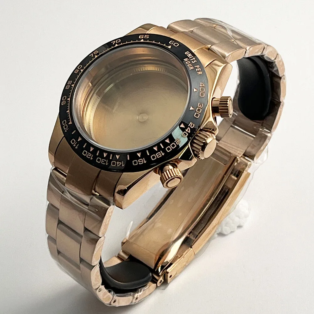 39MM Rose Gold Stainless Steel Ceramic Ring VK63 Three Eye Quartz Movement Accessories PVD Coated Shell Sapphire Glass