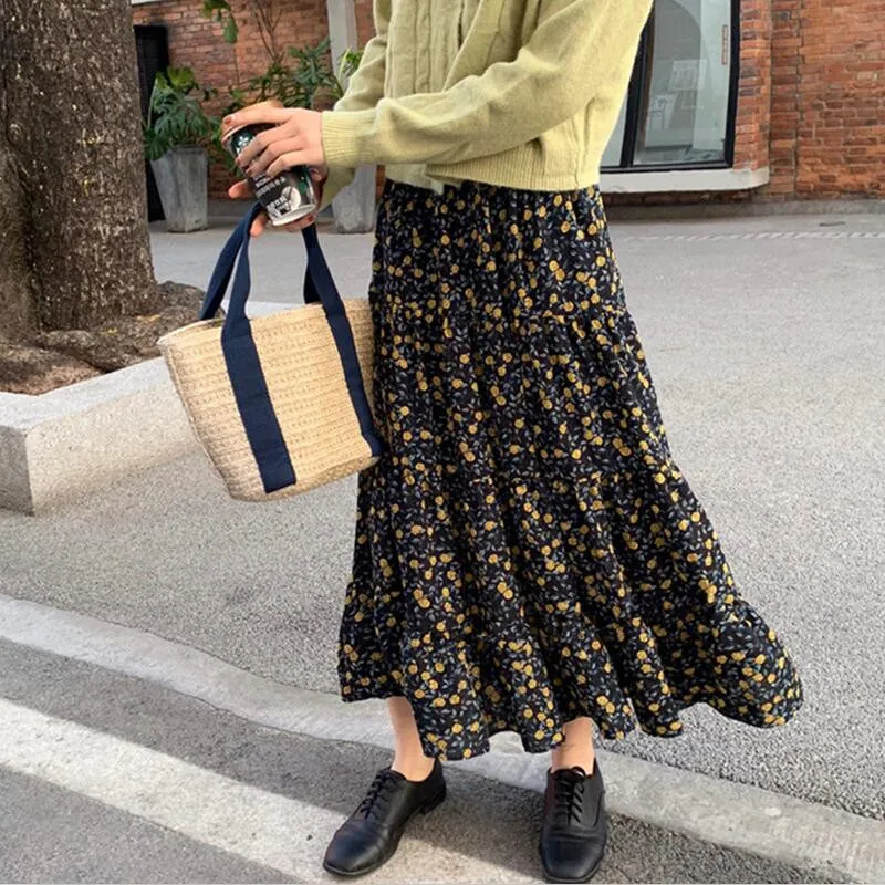 Женская юбка в стиле бохо с цветочным принтом, хлопковая винтажная плиссированная юбка с рюшами, корейский стиль, юбка с высокой эластичной резинкой на талии faldas mujer moda