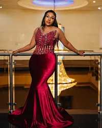 2024 Aso Ebi African Burgundy Mermaid Prom Dresses Velvet Lace Rhinestons Evening Party Second Engagement Birthday Gowns Dress