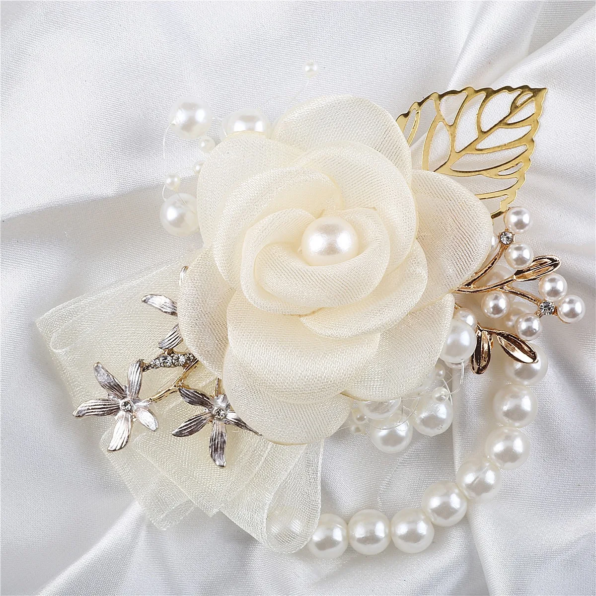 Artifical Rose Flowers Pearl Beaded Wrist Flower Ivory Flowers Bridesmaid Mensuit Marriage Wedding Accessories image 2