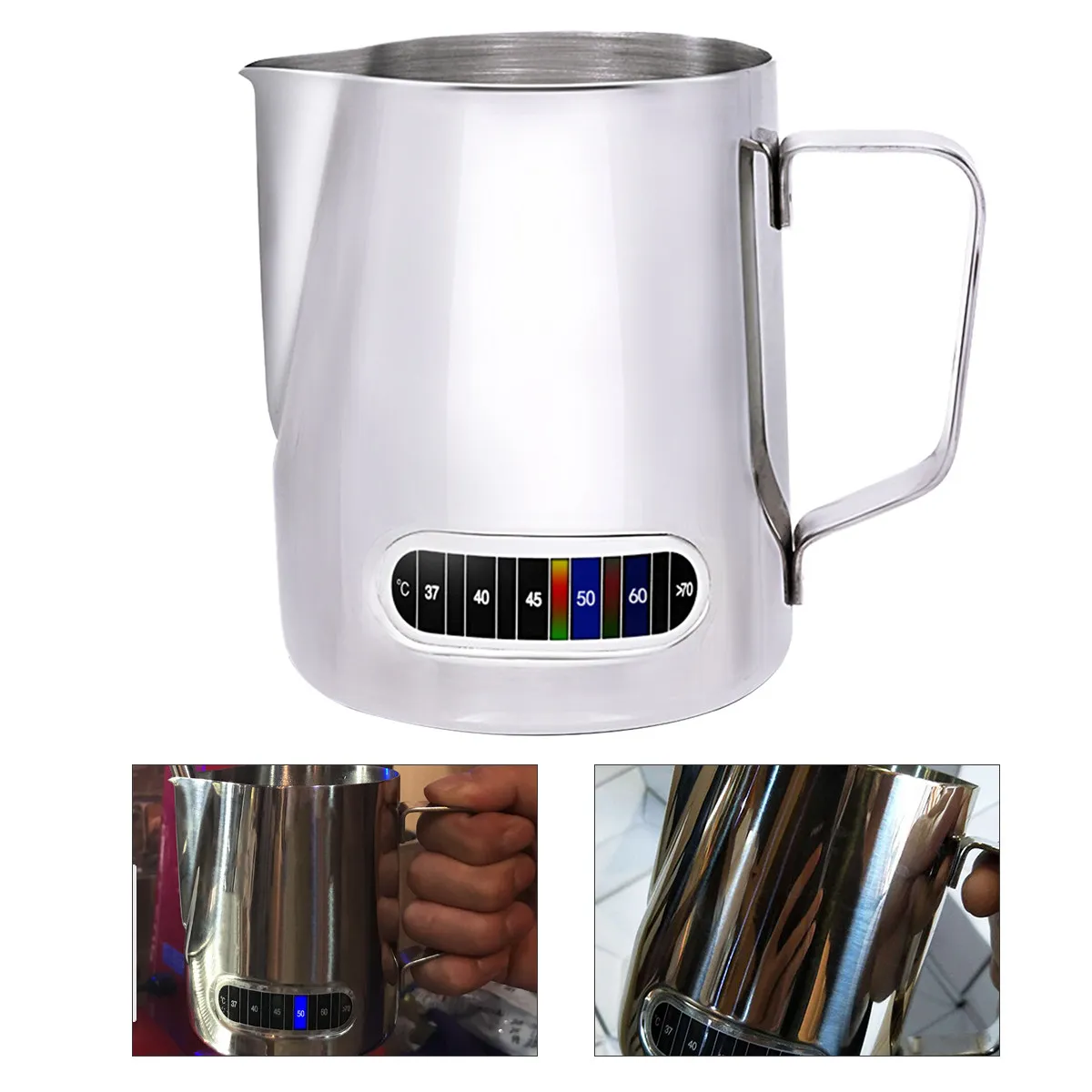 

Professional Milk Frothing Pitcher With Built-In Thermometer Sticker Internal Measurements For Espresso Cappuccino Hot Chocolate
