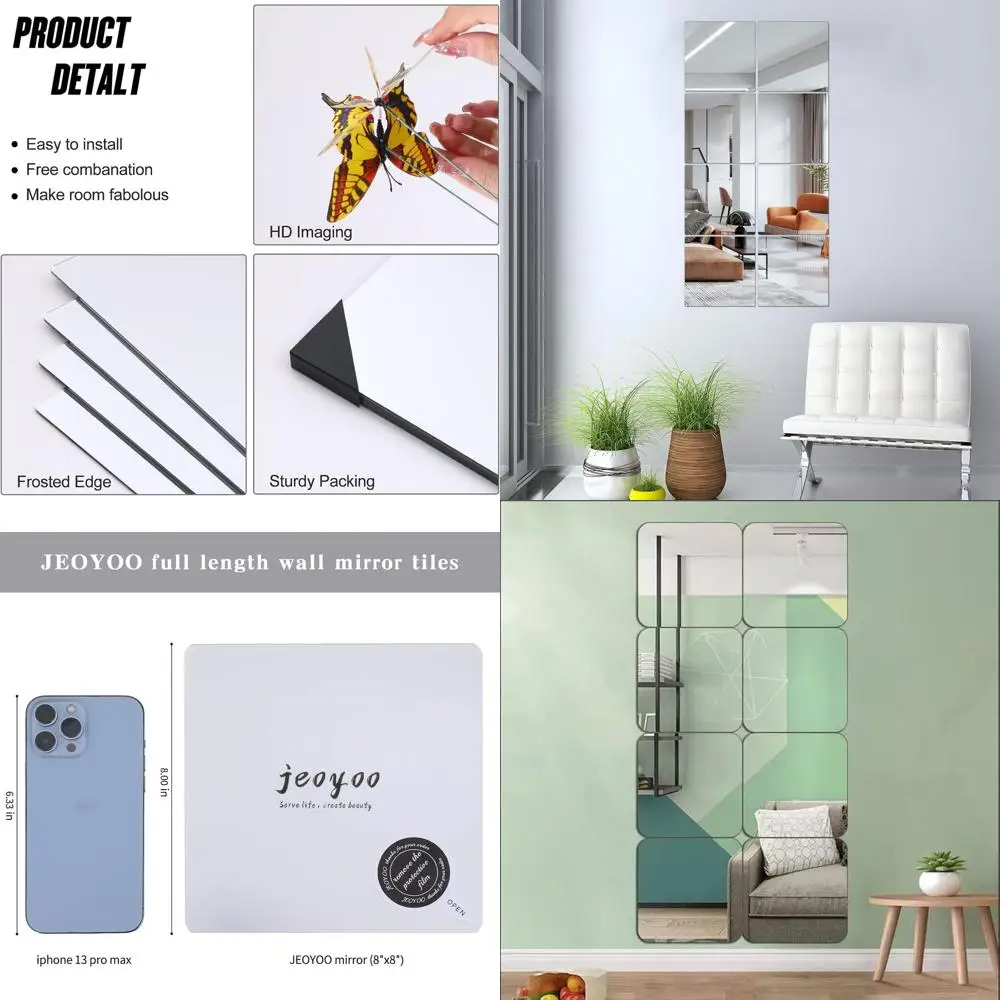 

Набор из 8 квадратных зеркальных плиток, небьющиеся, идеально подходят для дома, спальни или спортзала