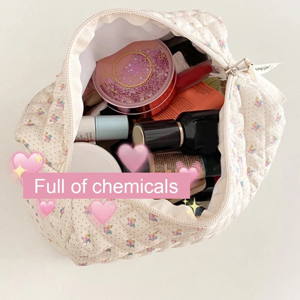 Cute Floral Print Women Makeup Beauty Case Pouch Korea Quilted Soft Cotton Cosmetic Storage Bag Travel Organizer Toiletry Bag