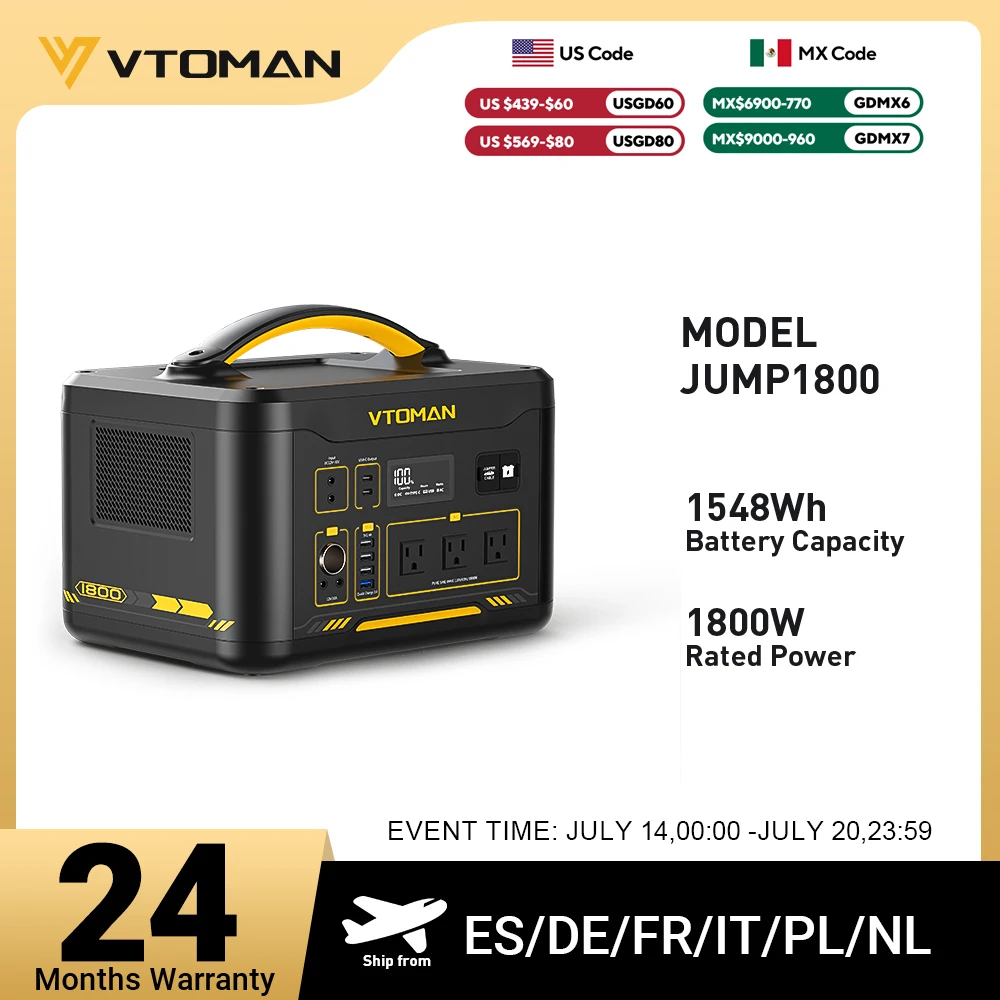 

VTOMAN JUMP 1800 Power Station 1548Wh LiFePO4 Battery 1800W Emergency Power Supply for Outdoor Camping Home Energy Power