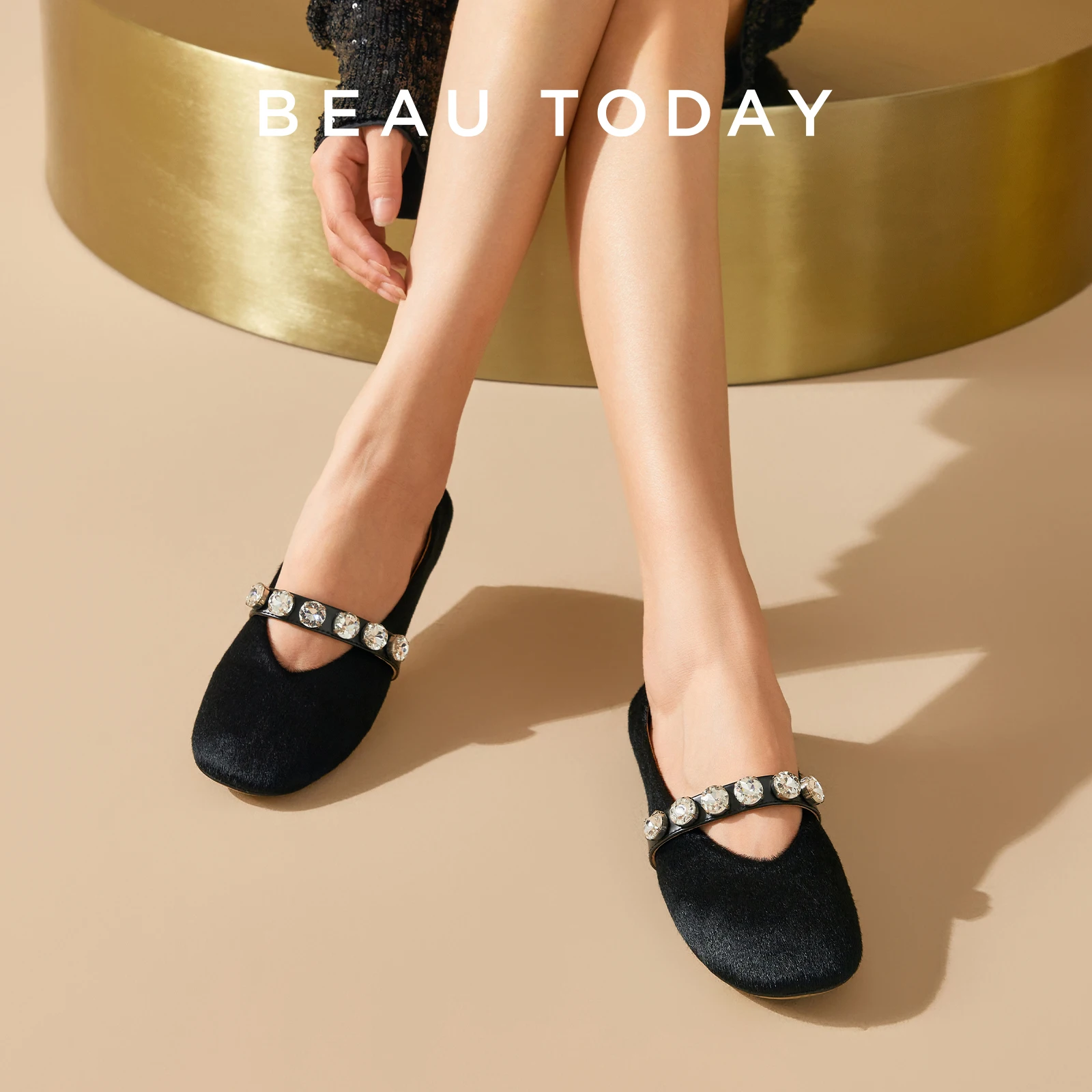 BEAUTODAY buty Mary Janes lampart damskie miękkie włosie końskie kryształowa dekoracja okrągłe Toe baletki damskie wsuwane ręcznie robione 28365