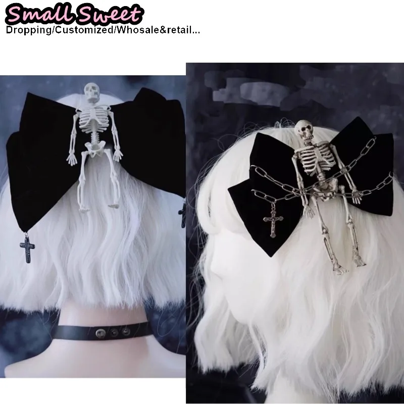 

Subculture Halloween Women Gothic Lolita Punk Y2K Girl Harajuku Organza bow Skull chain Hair Accessories Hair Clips Hairpin clip