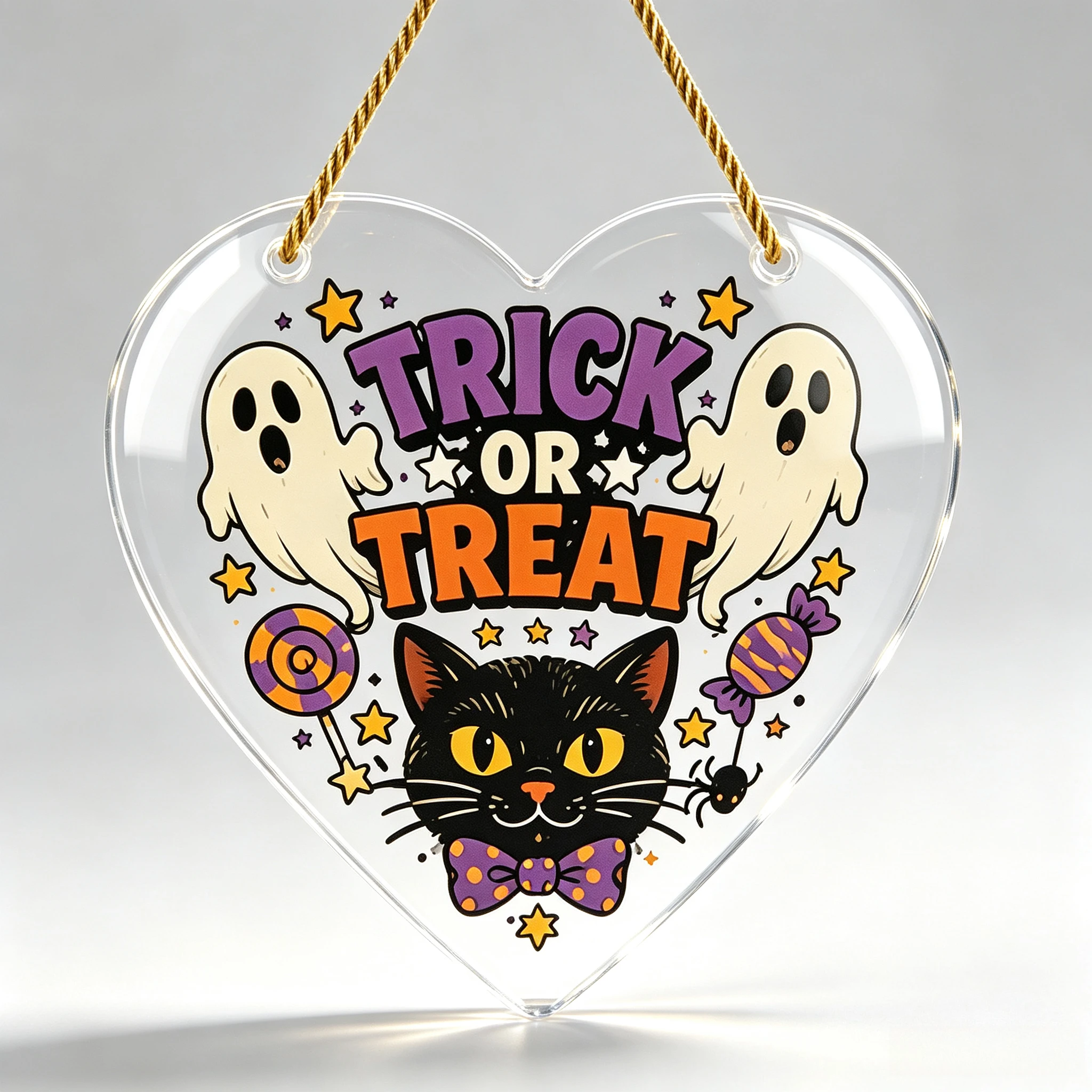 Retro Cartoon Black Cat Ghost Heart‑Shaped Acrylic Hanging Sign, Spooky‑Cute Fall Home Ornament,Halloween Wall Decor