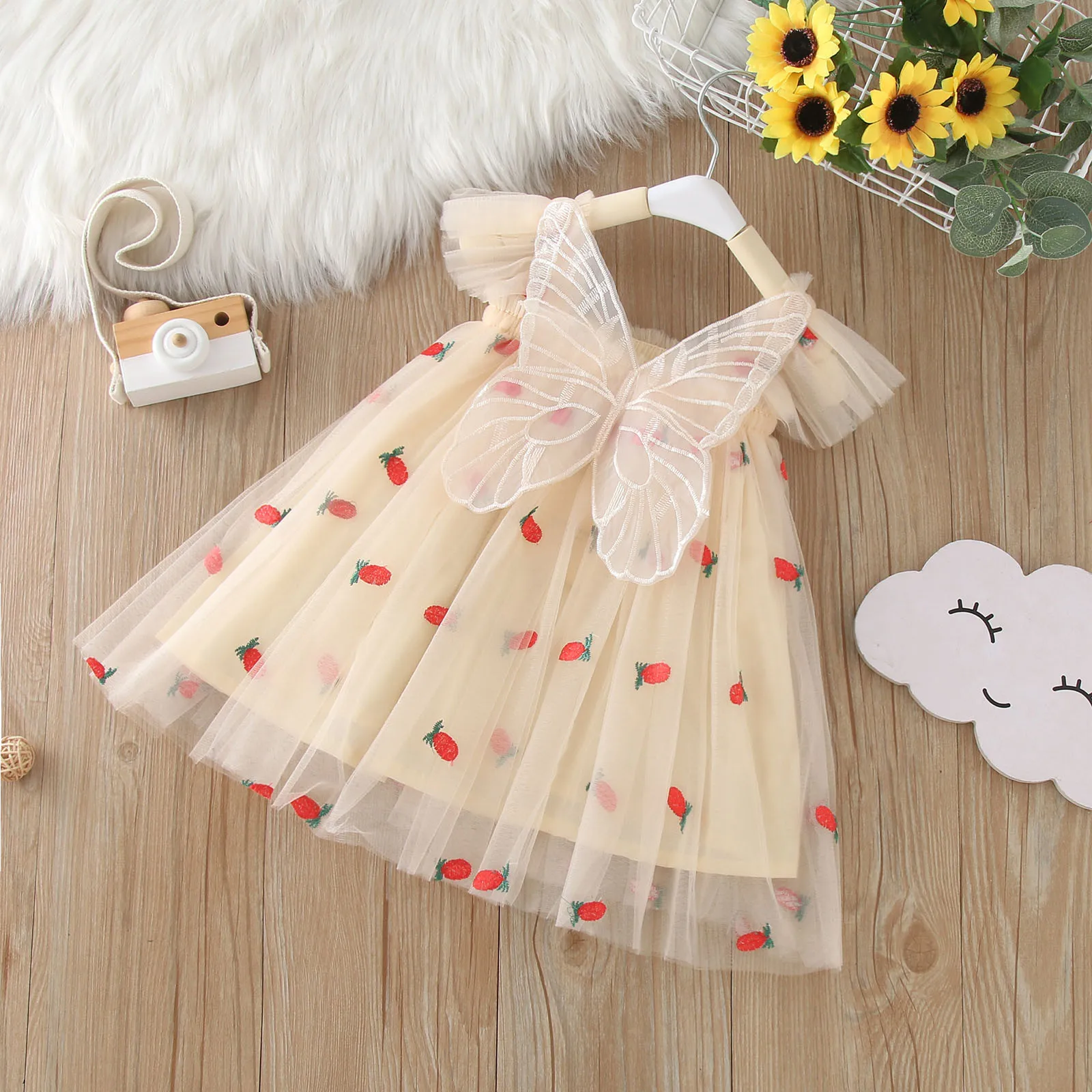 Baby Butterfly Dress with wings Cute Girl Embroidery Strawberry Summer New in Dresses Newborn Tulle Clothes For Party Birthday