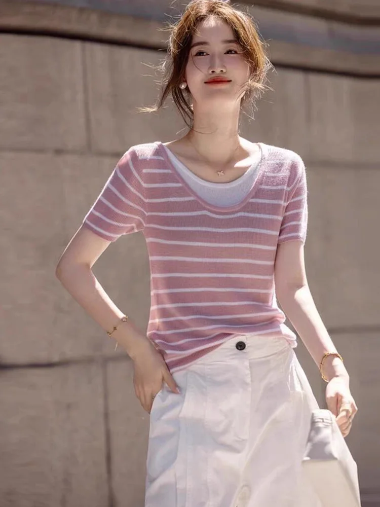 Faionable مخطط اللون Blo ort Sve محبوك أعلى المرأة فرقة نظرة الصيف لباس غير رسمي Sli الكورية Sle سليم صالح #1