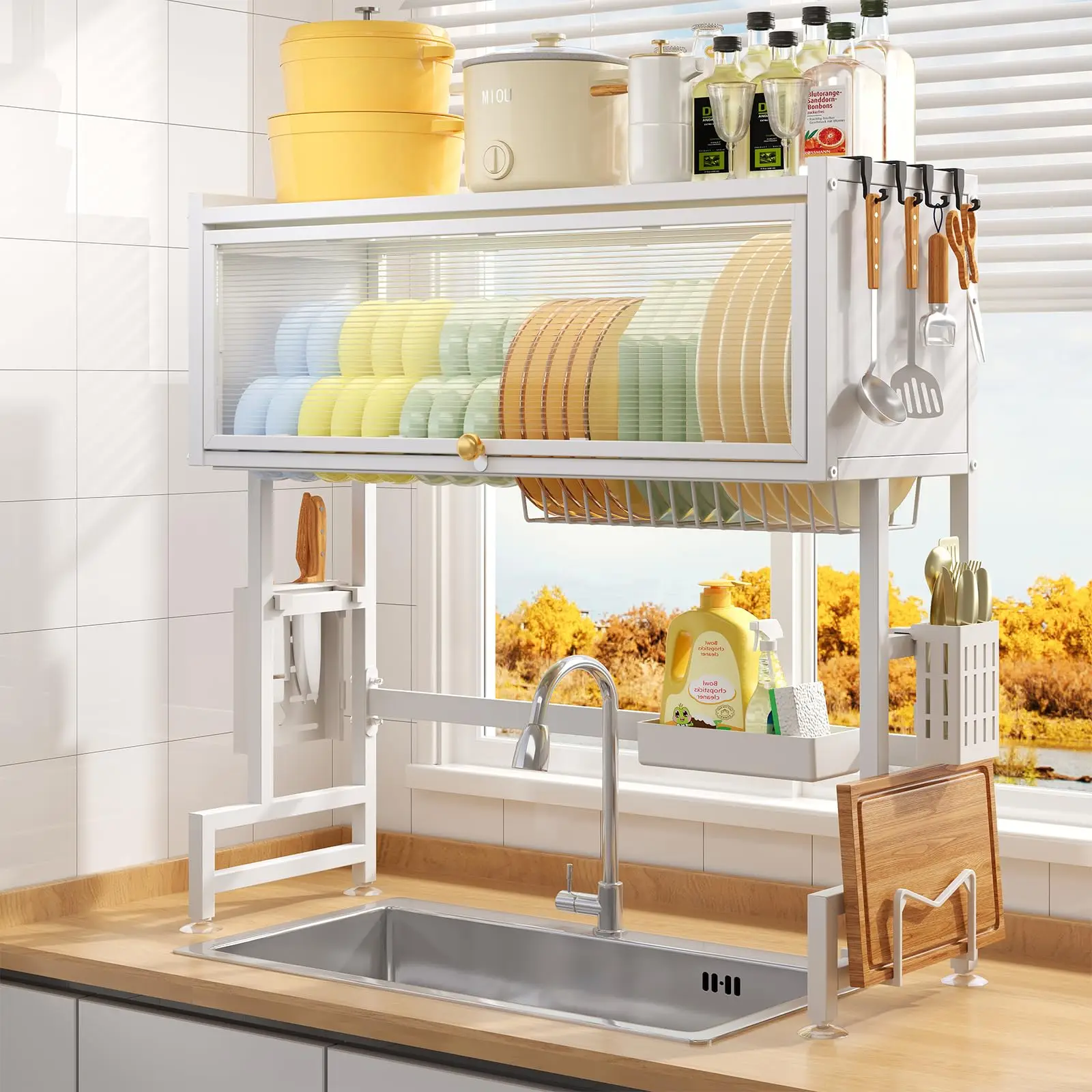 Estante de secado para escurridor de platos sobre el fregadero, estantes para platos grandes de 2 niveles con cubierta, estante para secar platos para fregadero de cocina, 85CM