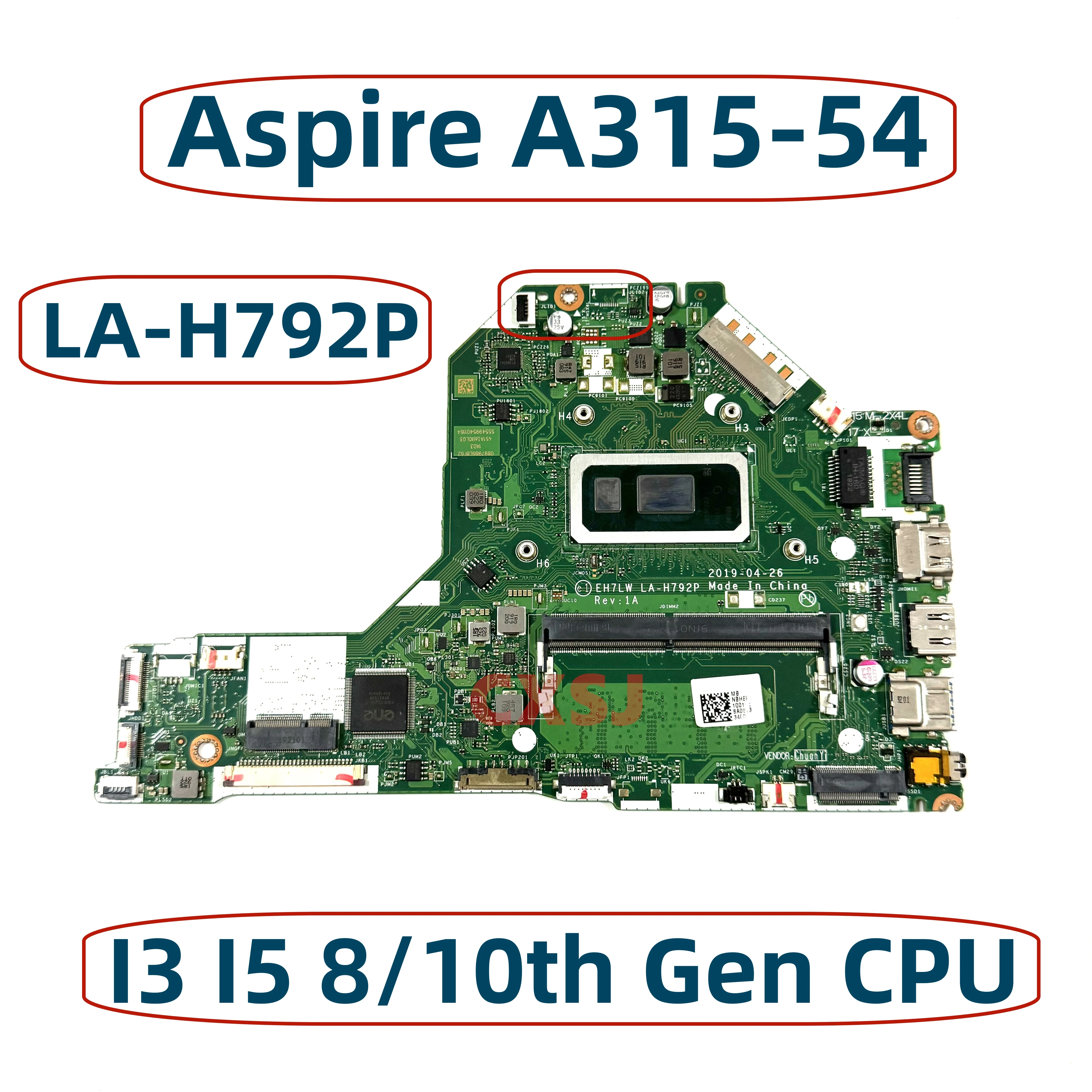 NB.HEF11.003 NB.HEF11.002 For Acer Aspire A315-54 Laptop Motherboard EH7LW LA-H792P With I3 I5 8/10th Gen CPU 4GB RAM DDR4