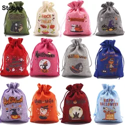 StoBag 5pcs Happy Halloween Bags Small Drawstring Candy Gift Storage Packaging Kids Trick or Treat Pocket Pouches Party Favors