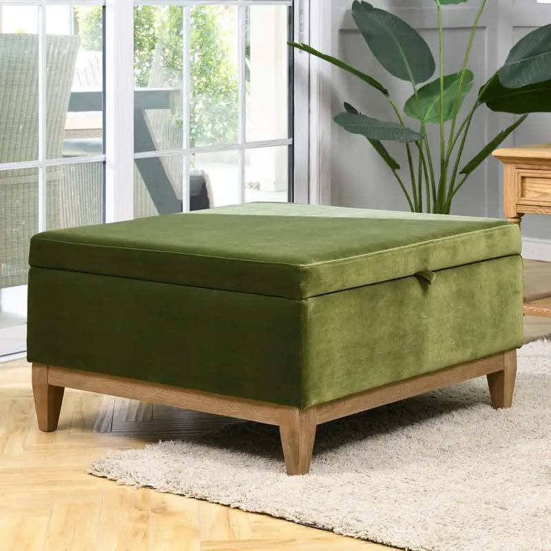 

35" Square Storage Cocktail Ottoman, Olive Green Velvet