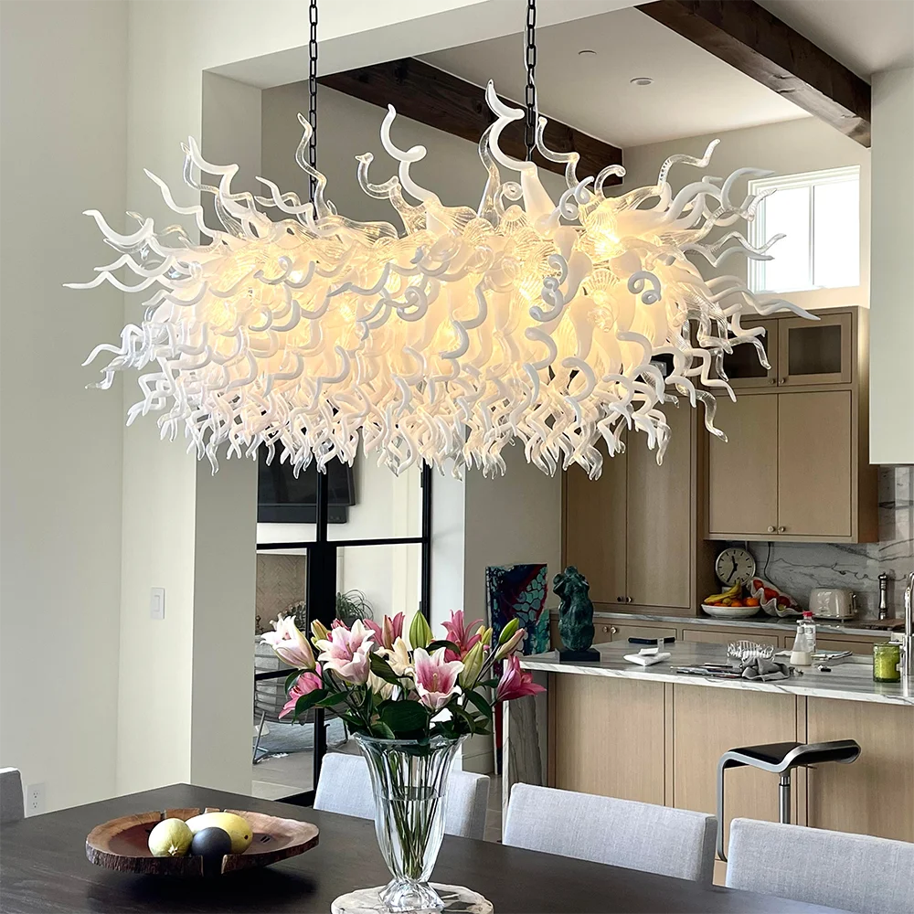 

Longree Rectangular Modern Chandeliers Glass White Lighting Ceiling Rectangle Lamp Fixture for for Dining Room Kitchen