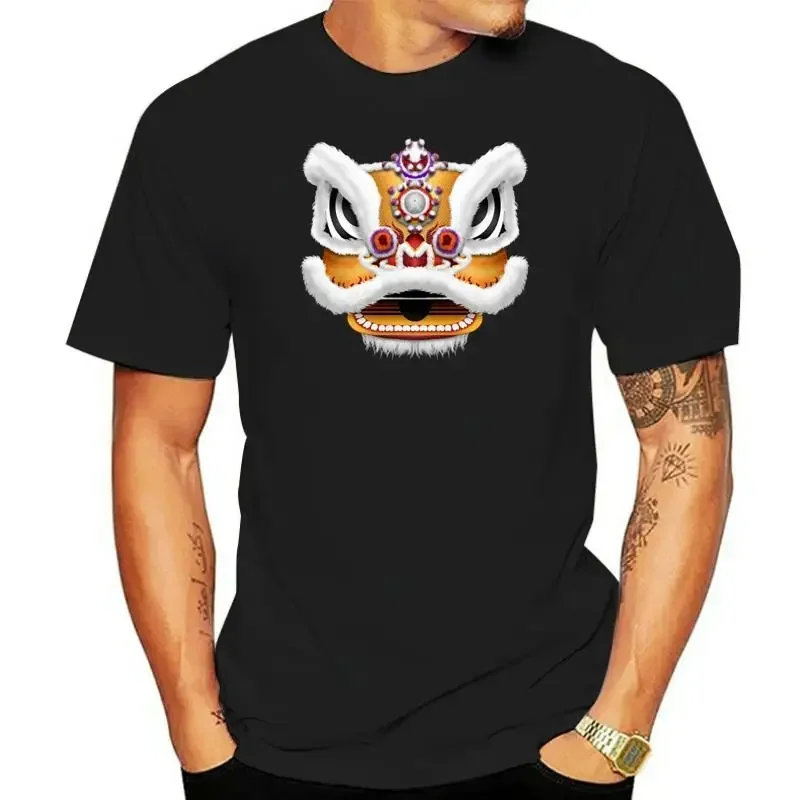 Men Unique Cartoon Design Tops Size s-4XL Tee Shirt Chinese Chic New Years Day Lion Dance Head Print Black T-shirt