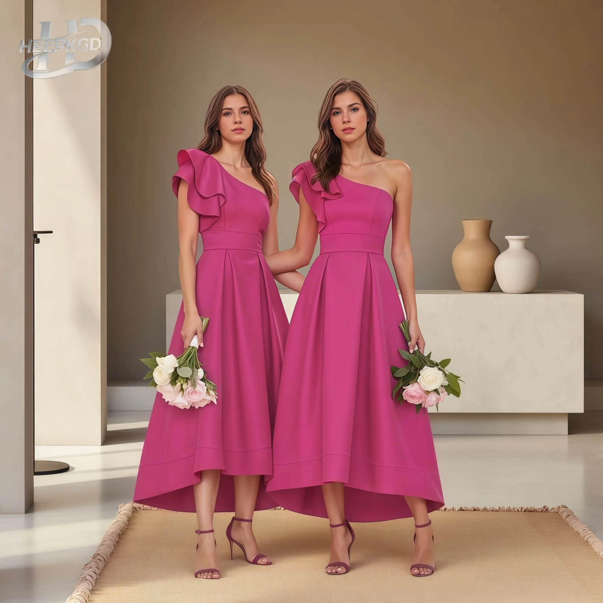 

Wholesale Fuchsia Bridesmaid Dresses 2026 One Shoulder A Line Tea Length Plus Size Wedding Party Gowns With Pocket