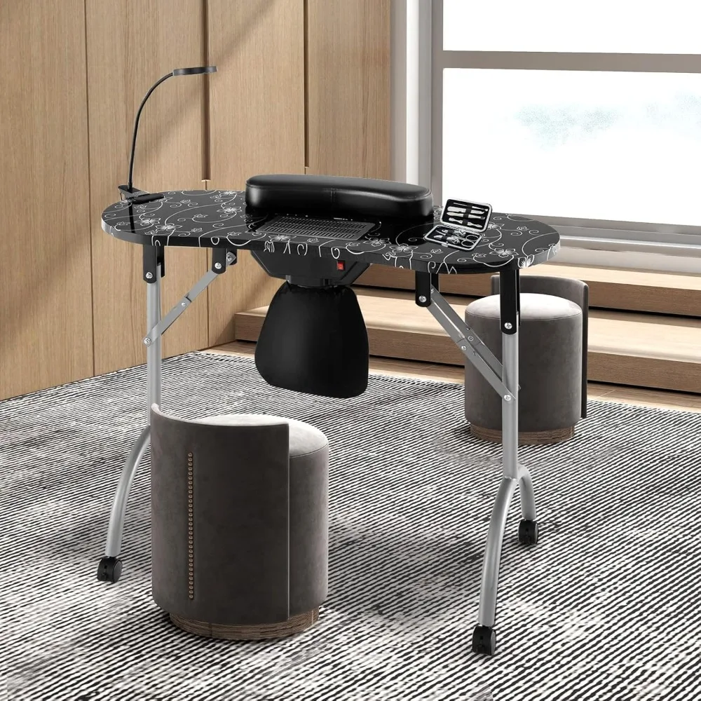 Portable nail table with electric dust collector, USB plug LED light, wrist rest, 4 lockable wheels, foldable nail table