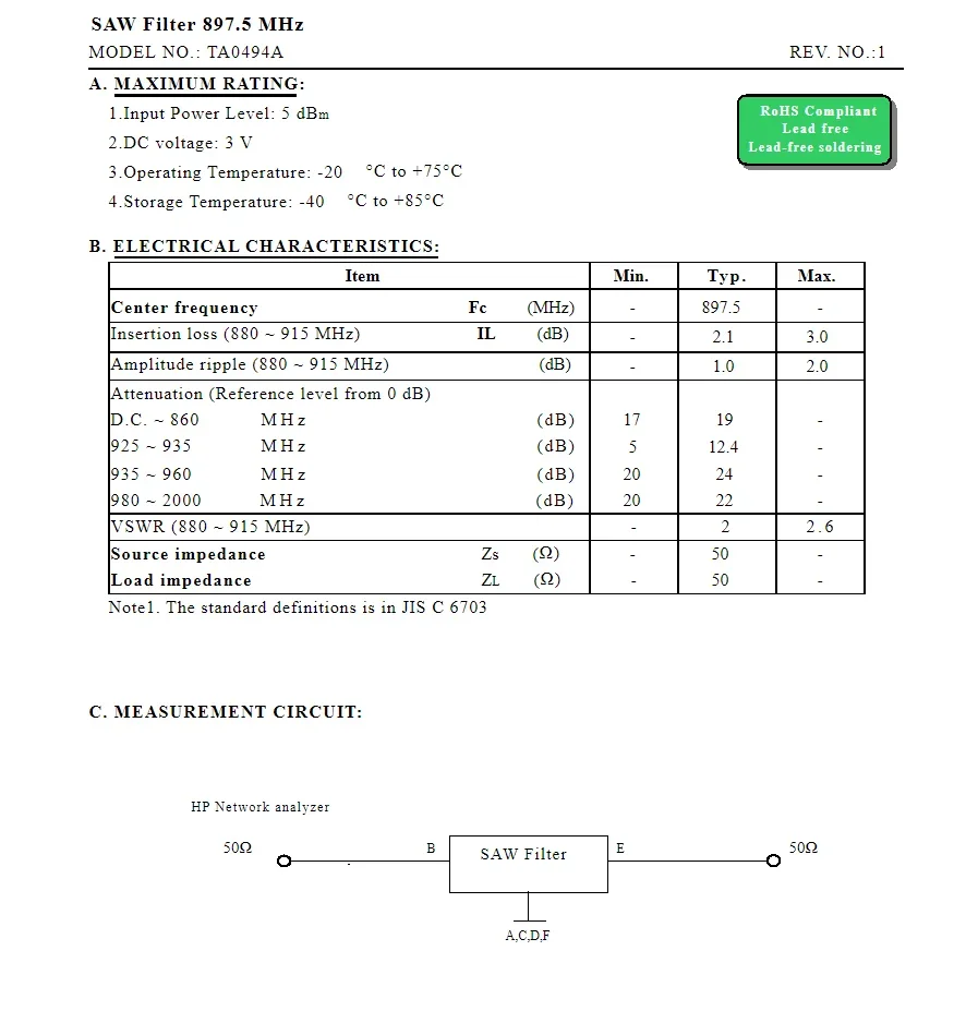 패키지 SMD SAW 소음측정기 필터, TA0494A 코드 L3, 오리지널 897.5MHz, TA2778AA3110 코드, Qy 주식 2700MHz, 10 개