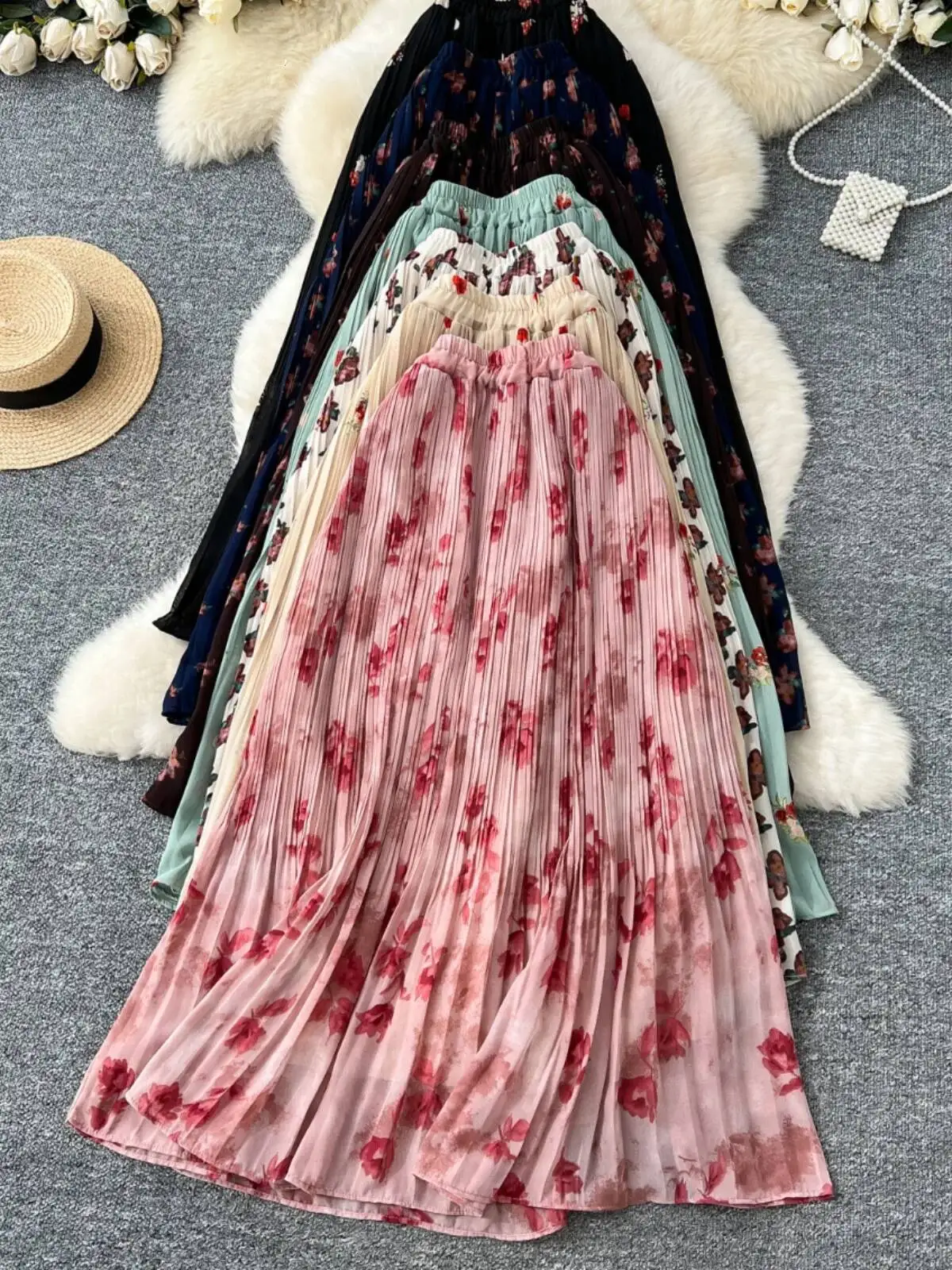 

Summer Beach Skirts Women Floral Chiffon Midi Skirt Sweet High Waisted Pleated A-line Casual Korean Skirts