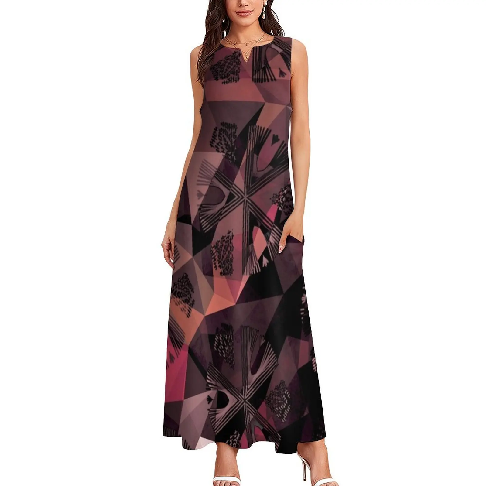 Lavender Red Brown Abstract Geometric Triangle Polygon Seedpod Illustration Long Dress beach outfits for women