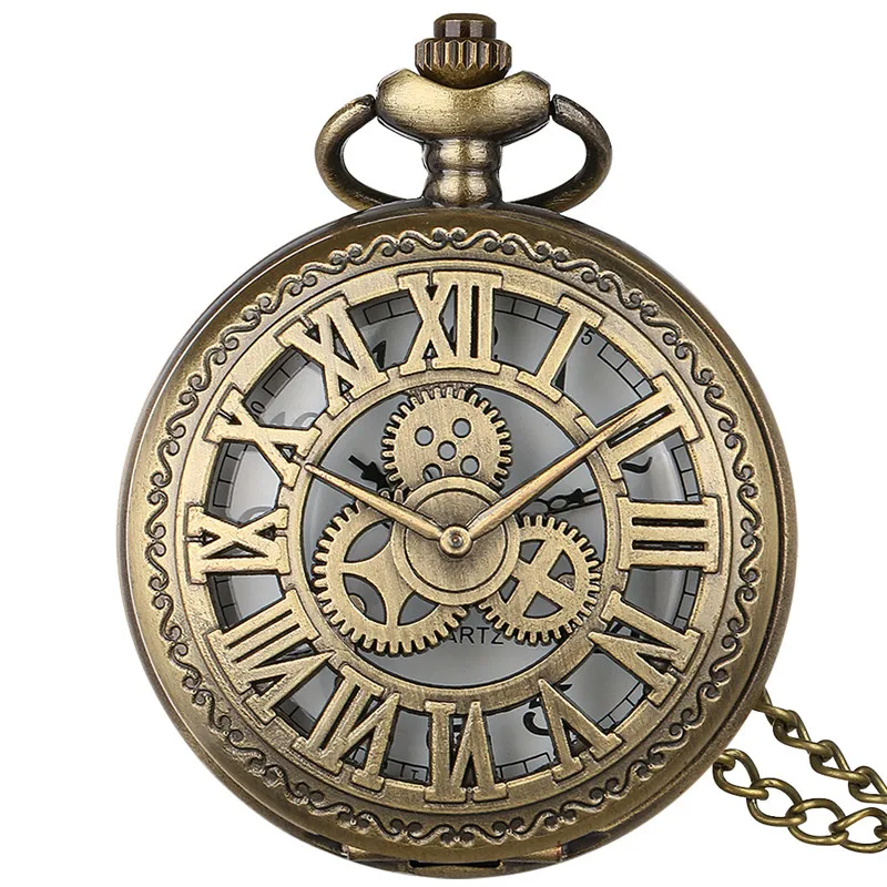 JOTimepiece-Montre de poche vintage avec couvercle d'engrenage évidé, boîtier à chiffres romains, mouvement à quartz, horloge avec collier, pendentif