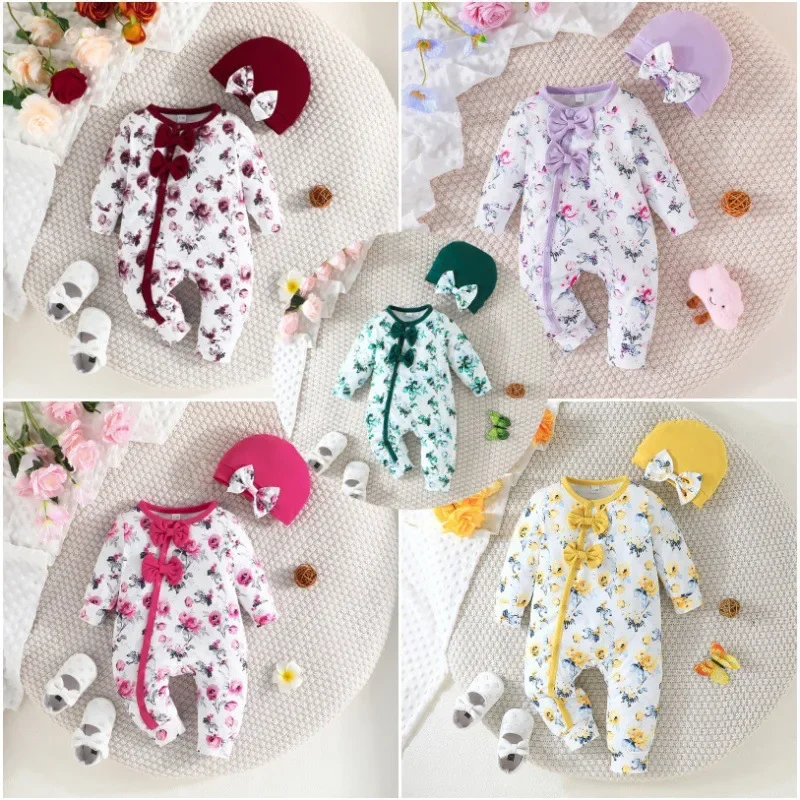Newborn Baby Floral Print Long Sleeve Romper with Matching Hat Soft Cotton Infant Jumpsuit 5 Colors Coming Home Outfit ZYD47