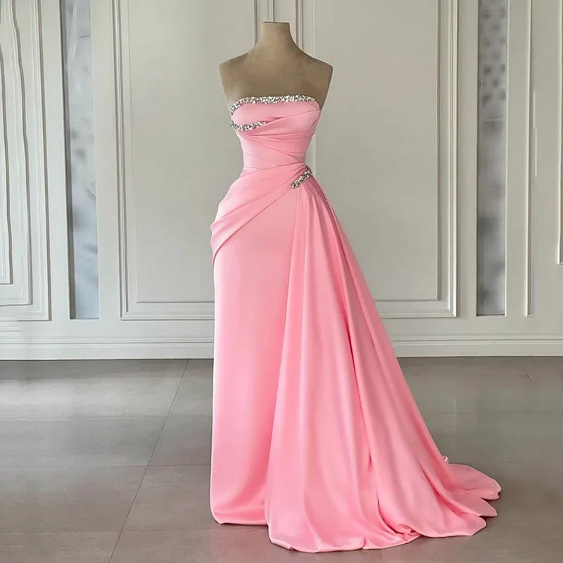 

Smileven Pink Strapless Mermaid Evening Dress Beading Prom Dresses Saudi Arabia Simple Satin Evening Party Gowns 2024 With Train