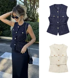 ETJ 2025 Spring collection Elegant women's waistcoat Fashion European and American style with belt beaded textured vest