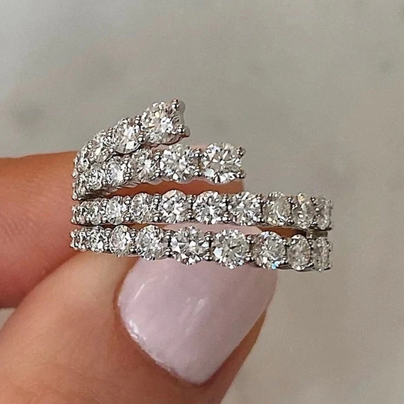 Huitan Simple Stylish Lines Cubic Zirconia Rings Women Silver Color Band Bridal Wedding Accessories Modern Jewelry for Party New