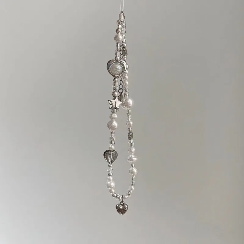 Silver Star Pearl Phone Case Beaded Lanyard CCD Camera Hanging Ornament Instant Camera Anti-Lost Wrist Strap Pendant