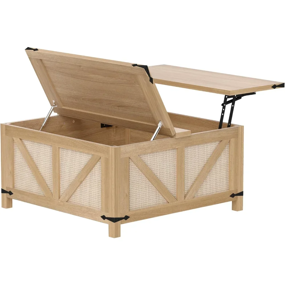 Square Rattan Lift Top Coffee Table with Large Hidden Storage Farmhouse Style Center Table for Living Room And Home Office,Custo
