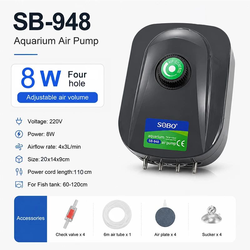 SOBO Leise Aquarium-Sauerstoffpumpe, Fischbecken-Luftpumpe mit Einstellbarer Luftmenge, Hochleistungs-Sauerstoffgenerator, Luftkompressor, Belüfter 220V – Detail 12