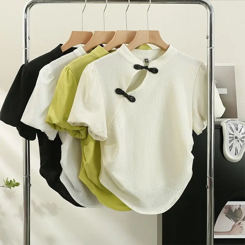 Elegant Women Hollow Out Buttons O Neck Slim Casual T Shirts Harajuku Summer Vintage Chinese Style Femal Clothes Fashion Tops