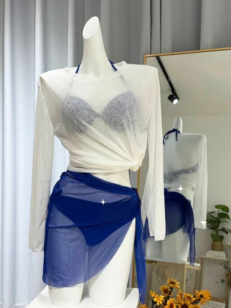 Bikini Set 4-Piece Split Women's Print Long Sleeve Sun High Beauty Fairy Style Swimwear for Beach Vacation 2026 New Fairy Sweet