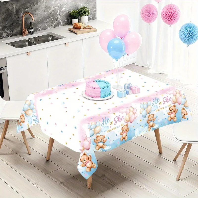 1pc, Gender Revealing Tablecloth, 86.61*51.18inch, Blue Pink Bear Disposable Plastic Tablecover, Baby Shower Party Decoration, H