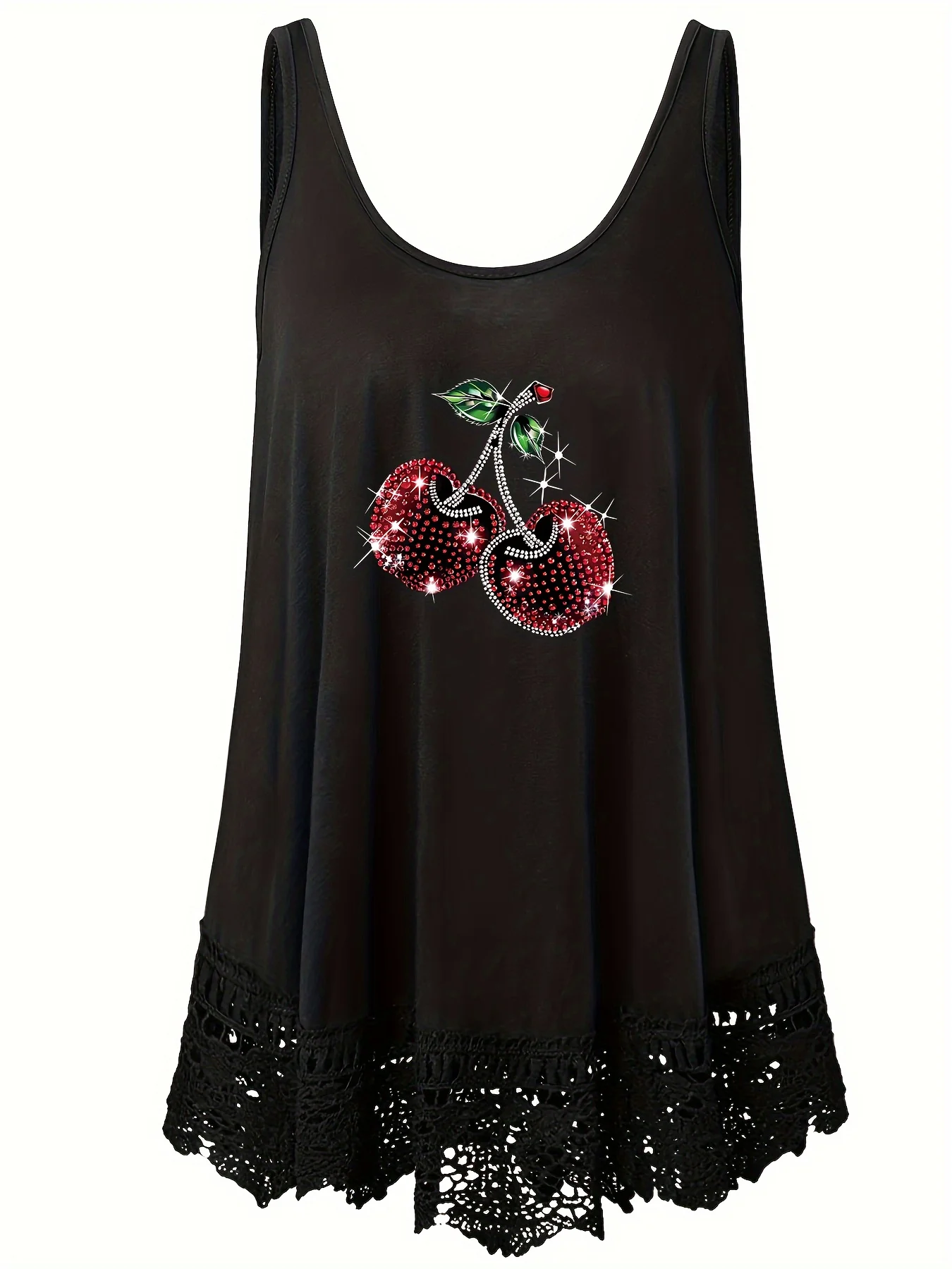 Plus-size cherry print lace sewn vest summer casual crew neck sleeveless top women's plus-size clothing