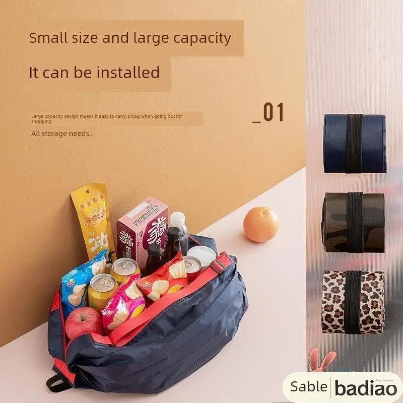 Accordian Pleated Large Capacity Shopping Bag Nylon Cloth Zipper Eco-friendly Bag Double Handle Reinforced Japanese Style Bag