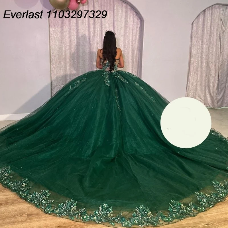 EVLAST Shiny Emerald Green Quinceanera Dress Ball Gown Lace Applique Beading Corset Sweet 16 Party Vestido De 15 Anos TQD560