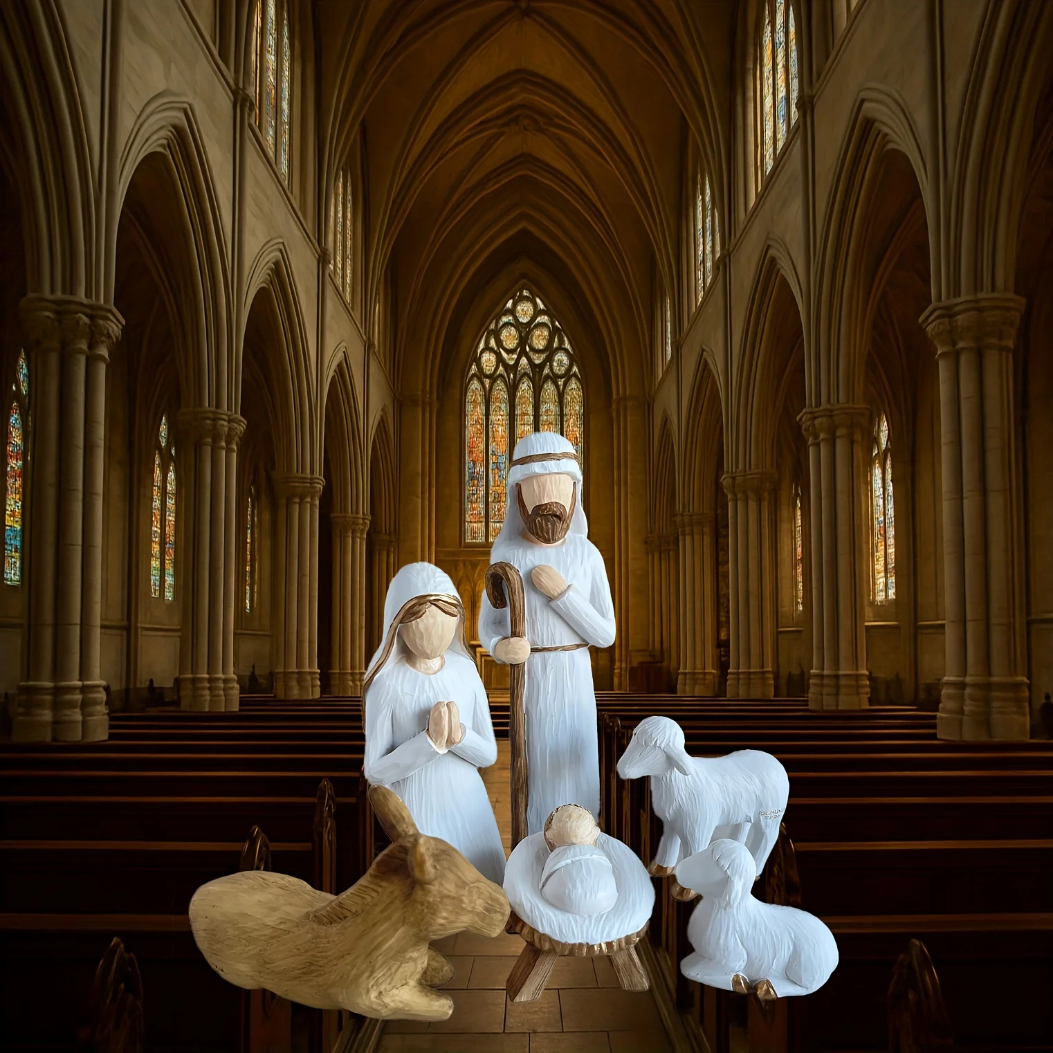 6PCS Christmas Nativity Scene Resin Figurines, Holy Family with Baby Jesus, Sheep & Donkey Religious Table Decor Gift