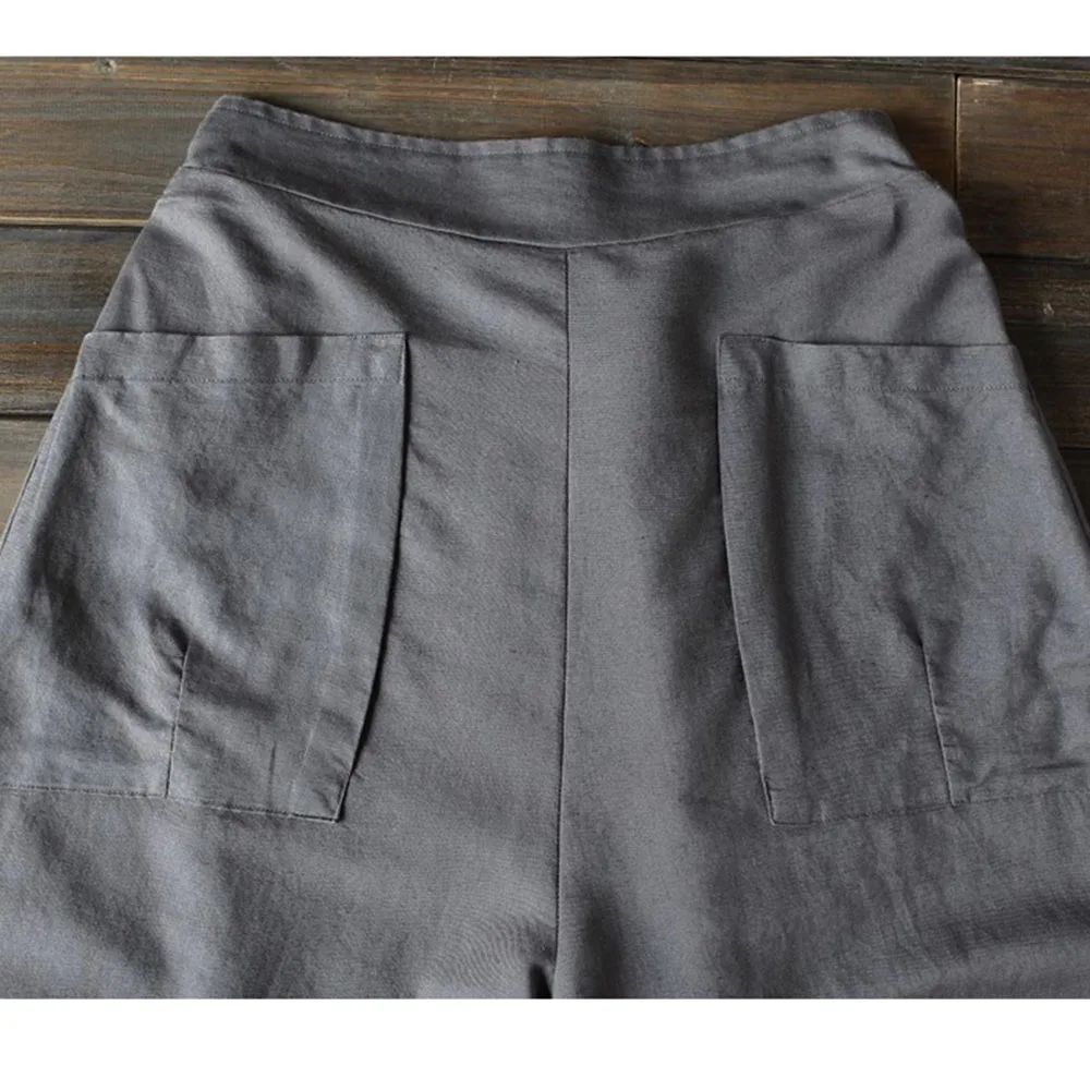 Pantalon de loisirs à jambes larges pour femmes, été, lin, coton, couches d'épissure, taille élastique, ample, rétro, court, Harlen, poches